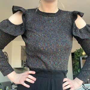 SUNSET & SPRING Black Multi Color Sparkle Open Shoulder Ruffle Sweater Sz XS